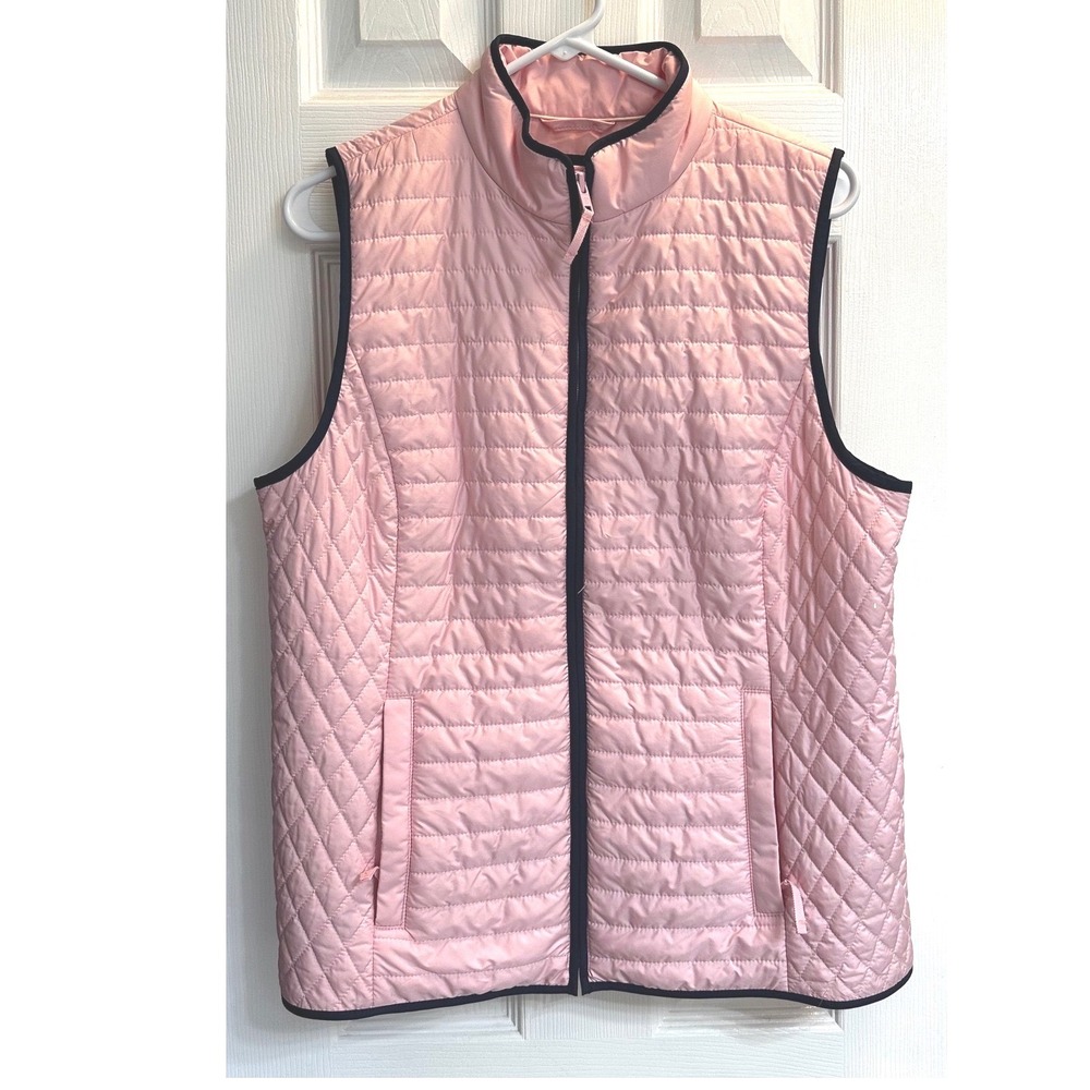 Talbots Womens Pink Quilted Puffer Vest Navy Trim Full Zip Size M VN300 09/16